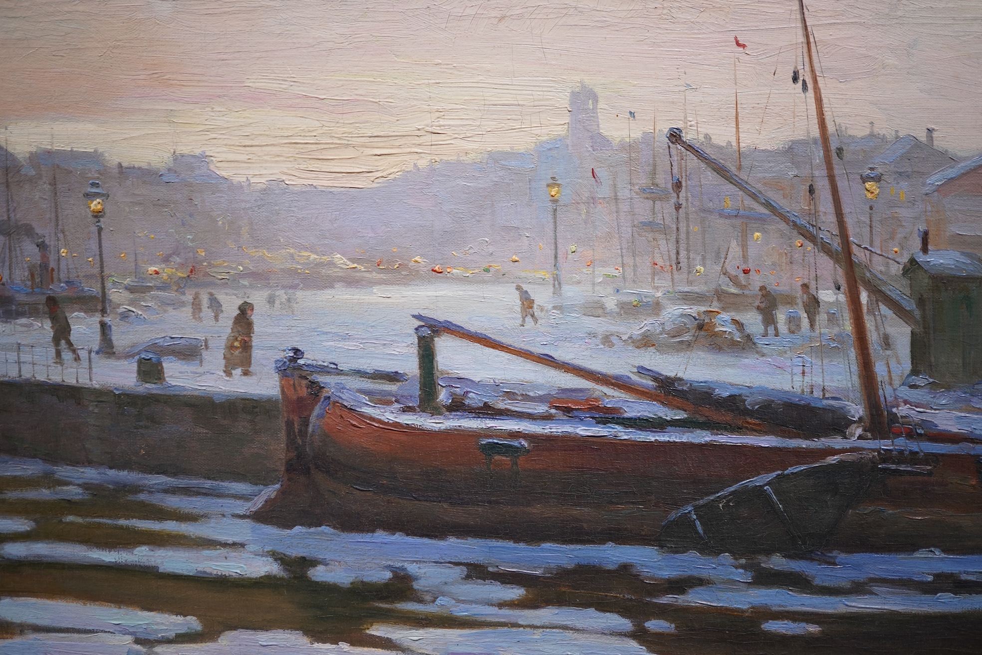 Continental school , 20th century, Frozen riverscape with figures skating